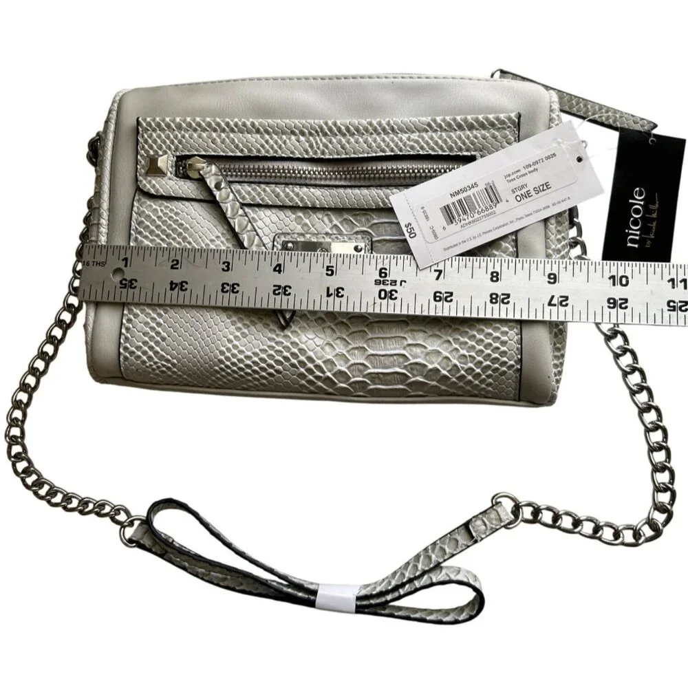 Nicole Miller Faux Snakeskin “Tess” Gray Crossbody Bag With Chain Strap